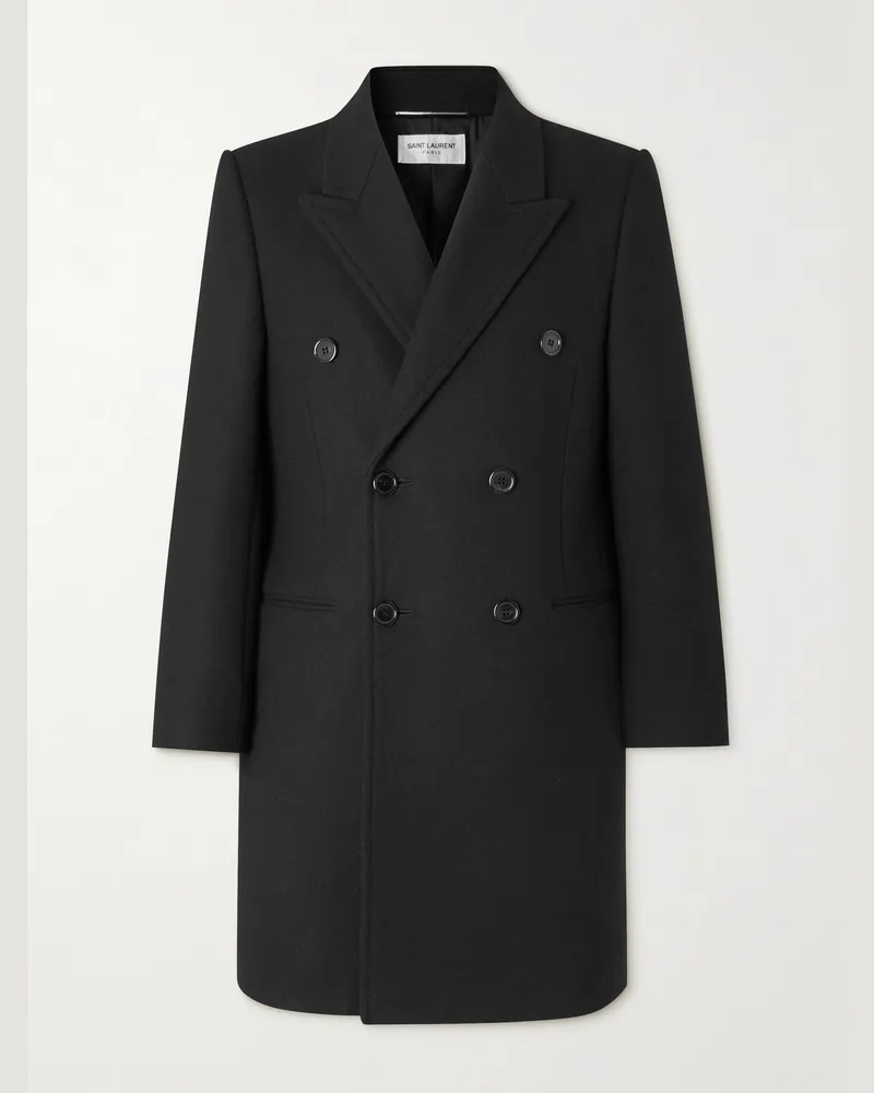 Saint Laurent Doppelreihiger Mantel aus Wolle Schwarz