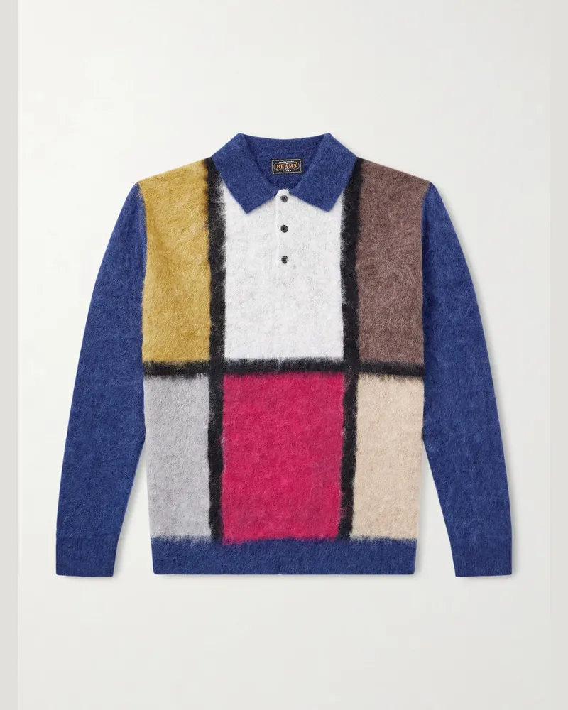 Beams Plus Colour-Block Polo Sweater Blue