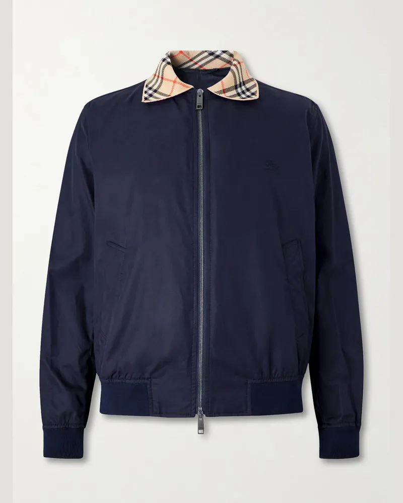 Burberry Logo-Embroidered Checked Cotton-Gabardine Blouson Jacket Blue