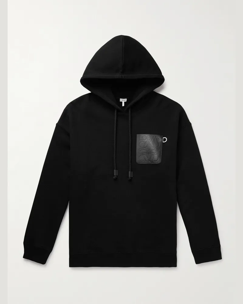 Loewe Logo-Debossed Leather-Trimmed Cotton-Jersey Hoodie Black