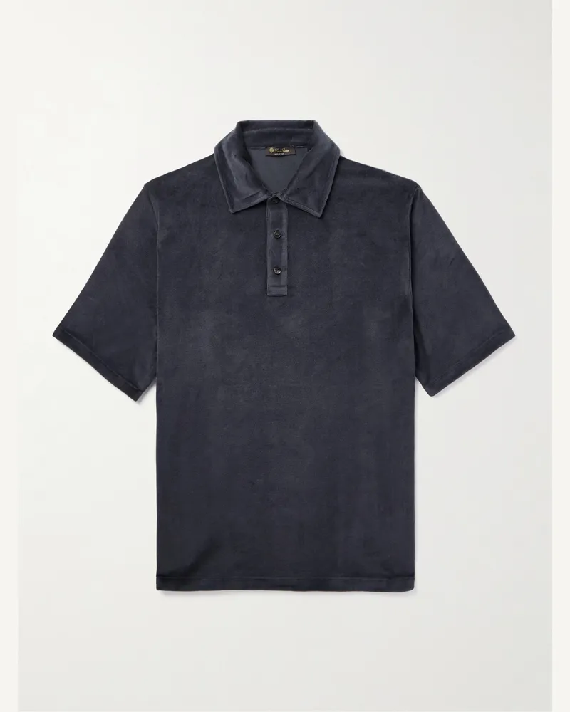 Loro Piana Polohemd aus Velours aus einer Baumwoll-Seidenmischung Blau