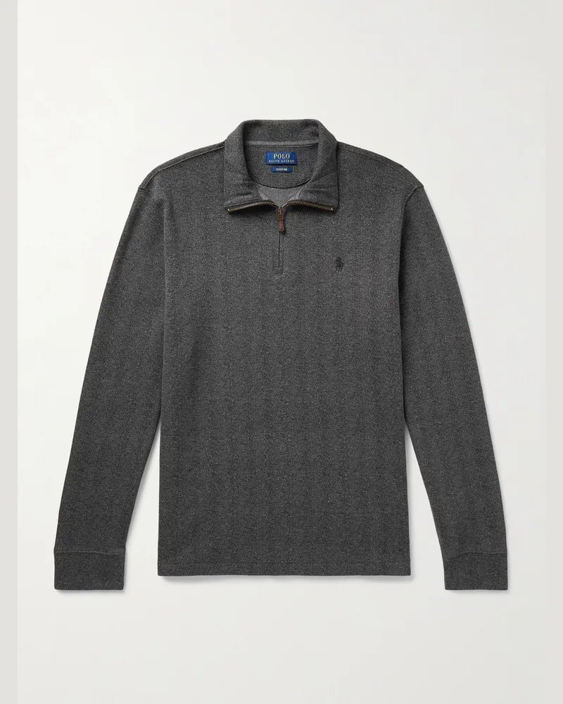 Ralph Lauren Logo-Embroidered Herringbone Cotton Half-Zip Sweatshirt Gray