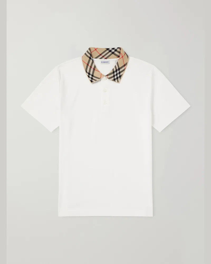 Burberry Checked Cotton-Piqué Polo Shirt White