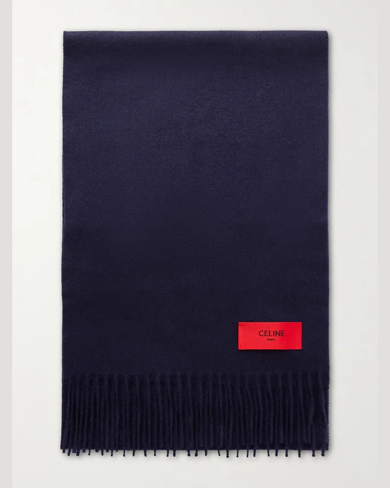 Celine Logo-Appliquéd Fringed Cashmere Scarf Blue