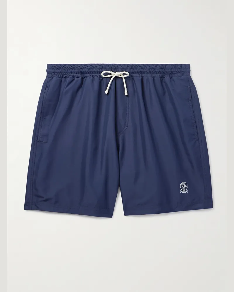 Brunello Cucinelli Gerade geschnittene mittellange Badeshorts mit Logostickerei Blau