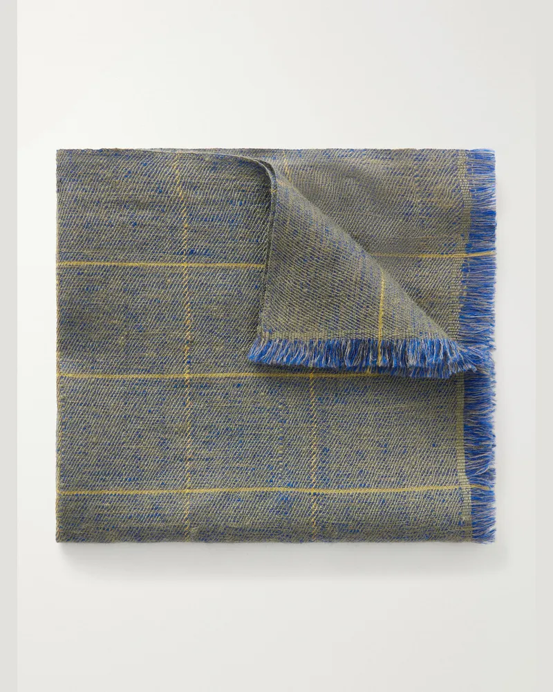 Anderson & Sheppard Frayed Checked Cashmere-Twill Pocket Square Yellow