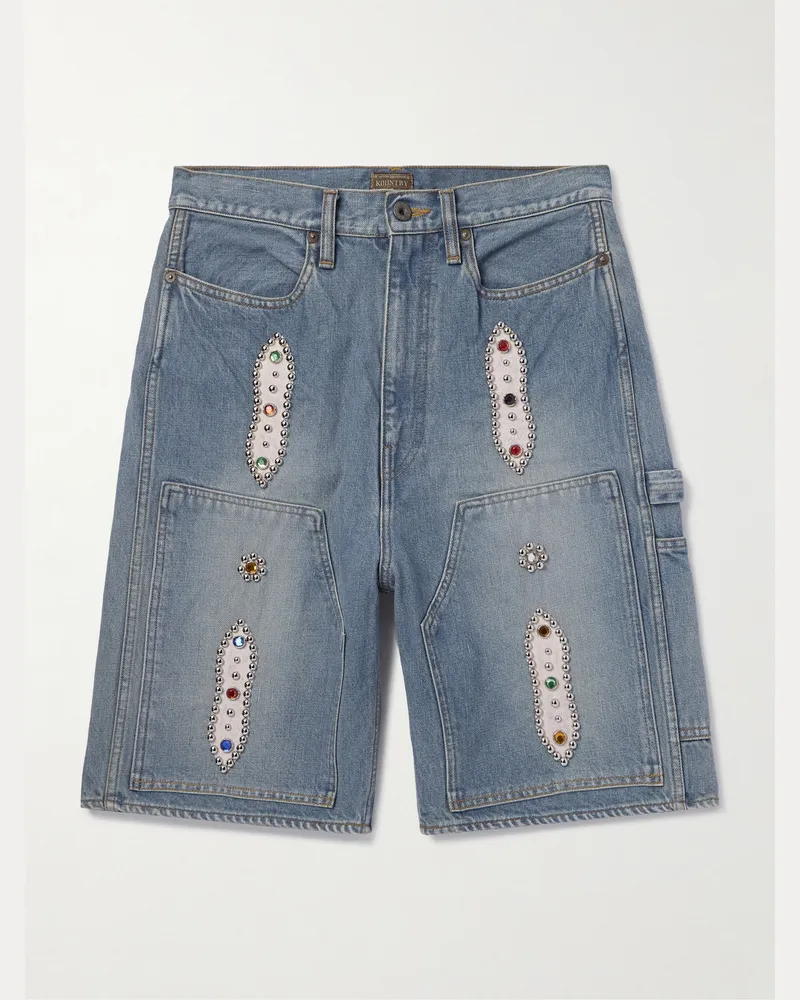 KAPITAL Gerade geschnittene Jeansshorts mit Lederbesatz und Verzierungen Blau