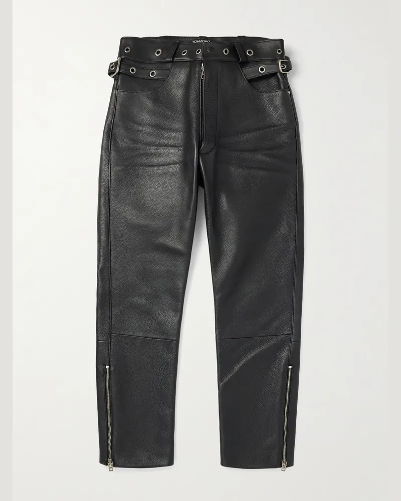 Tom Ford Straight-Leg Eyelet-Embellished Paneled Full-Grain Leather Trousers Black