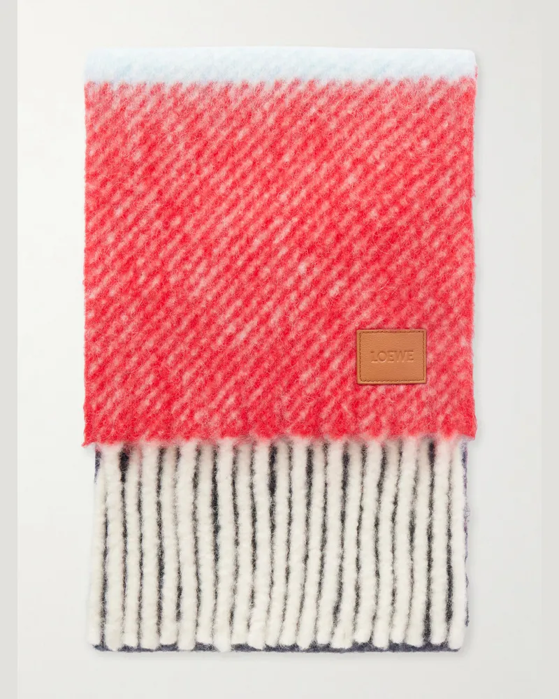 Loewe Fringed Striped Brushed Alpaca and Wool-Blend Scarf Blue