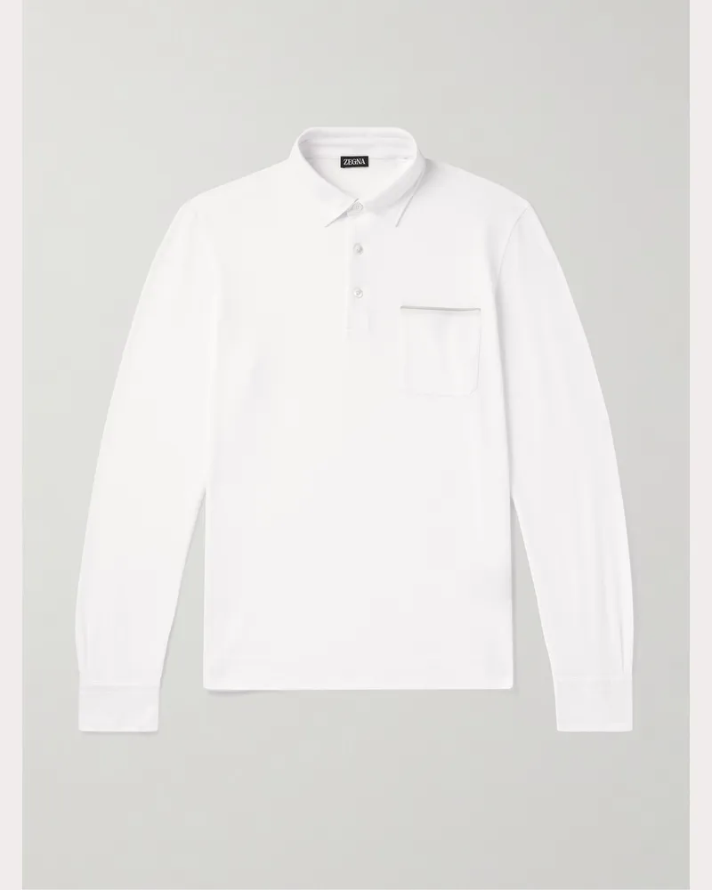 Ermenegildo Zegna Schmal geschnittener Pullover aus Baumwoll-Piqué mit Velourslederbesatz und Polokragen Weiß