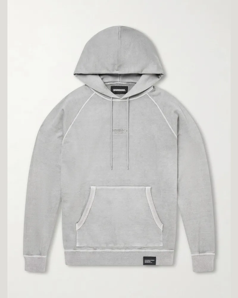 Neighborhood Logo-Embroidered Pigment-Dyed Cotton-Jersey Hoodie Gray