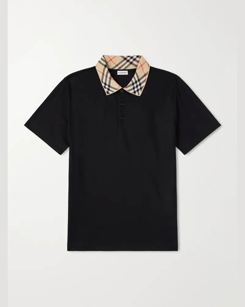 Burberry Checked Cotton-Piqué Polo Shirt Black