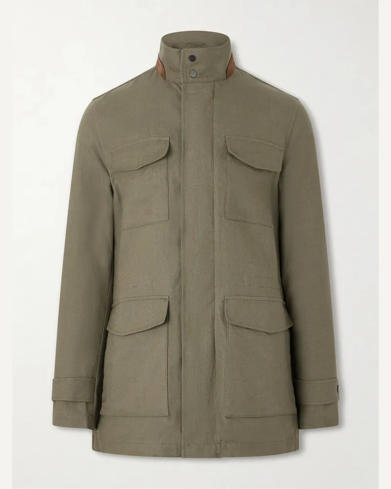 Kiton Suede-Trimmed Linen Field Jacket Green