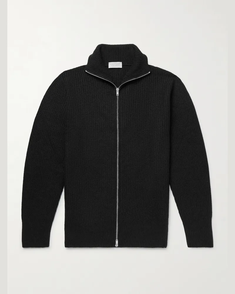 John Smedley Mallam Cardigan aus einer Mischung aus recyceltem Kaschmir und Merinowolle in Rippstrick mit Reißverschluss Schwarz