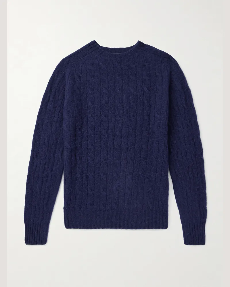 Drake's Zopfstrickpullover aus gebürsteter Shetland-Wolle Blau