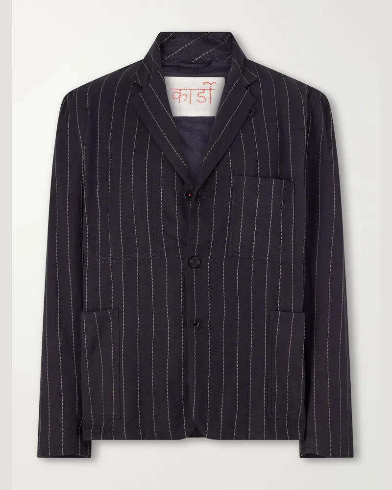 KARDO Somesh Embroidered Striped Herringbone Cotton Suit Jacket Blue
