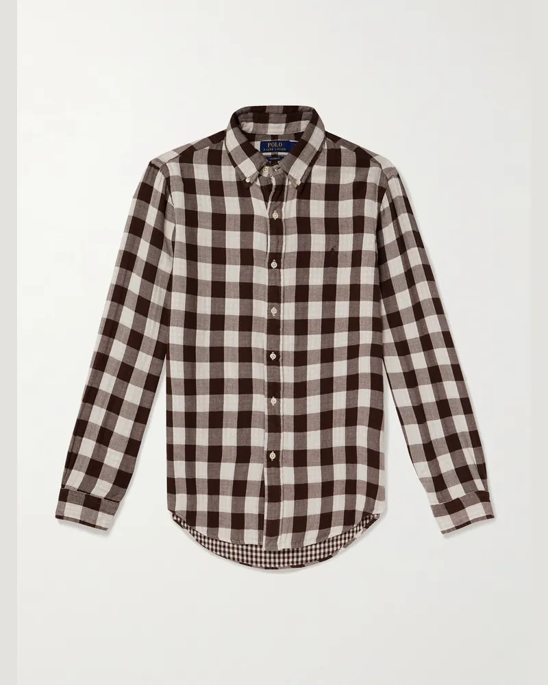 Ralph Lauren Button-Down Collar Logo-Embroidered Checked Cotton Shirt Brown