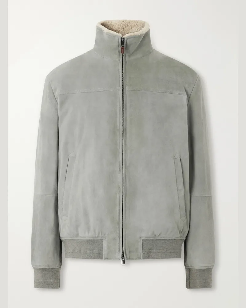 Canali Padded Shearling-Trimmed Suede Bomber Jacket Green