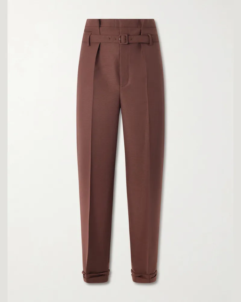 Saint Laurent Tapered Belted Pleated Wool and Mohair-Blend Trousers Brown