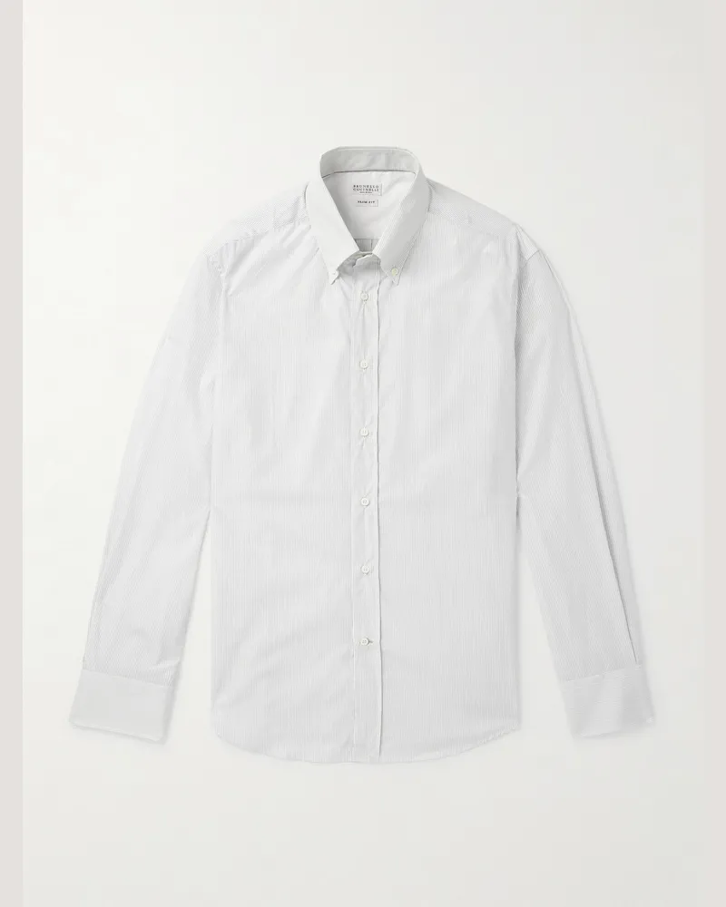 Brunello Cucinelli Schmal geschnittenes Hemd aus Baumwollpopeline mit Nadelstreifen und Button-Down-Kragen Weiß