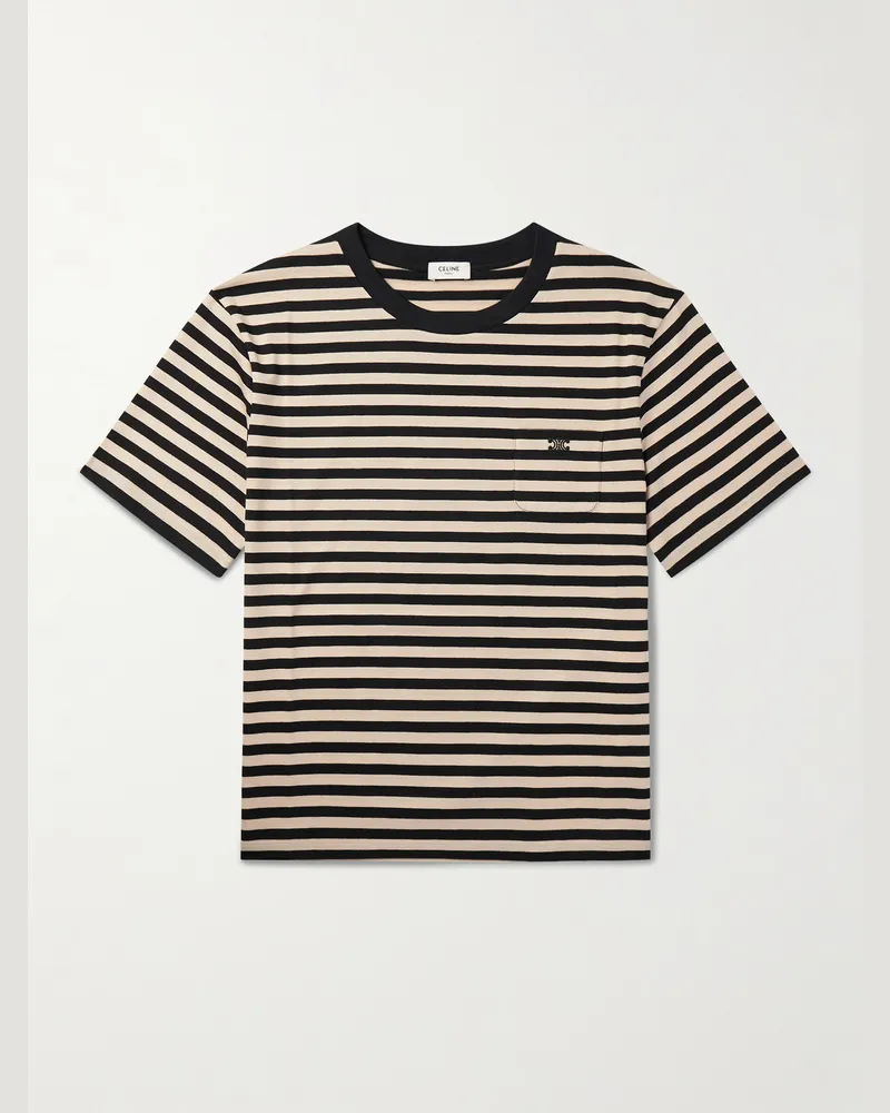 Celine T-Shirt aus gestreiftem Baumwoll-Jersey mit „Triomphe“-Logostickerei Neutral