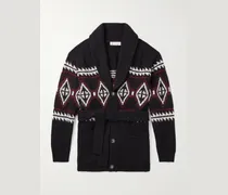 Shawl-Collar Belted Jacquard-Knit Wool, Silk and Cashmere-Blend Cardigan