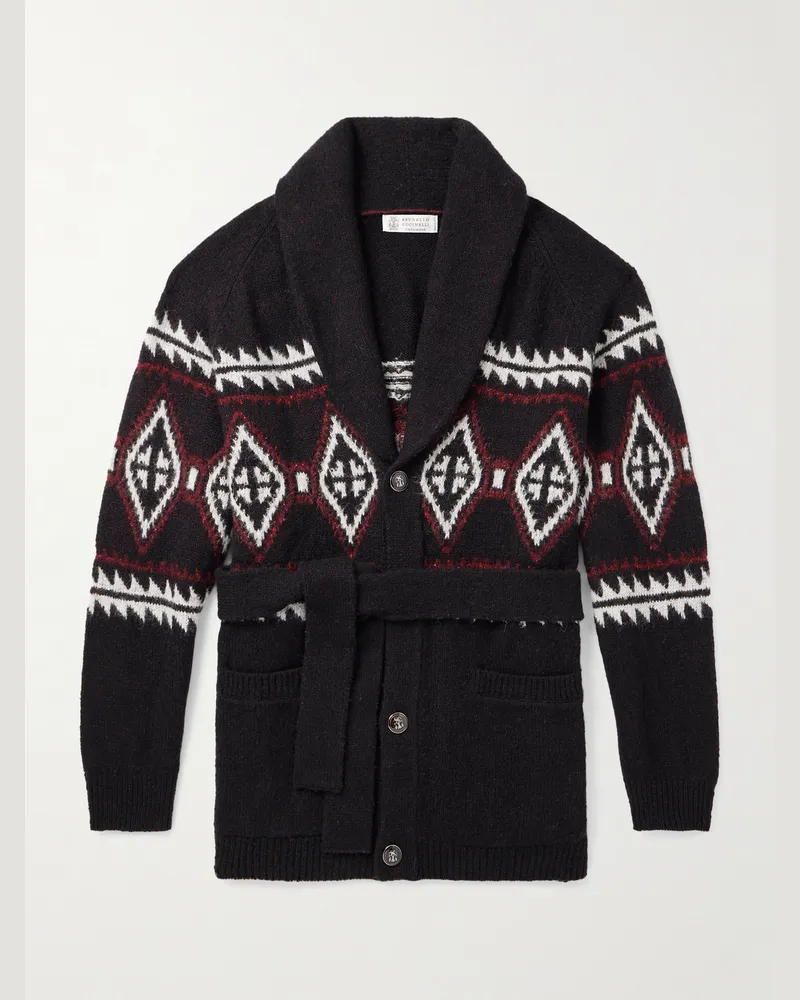Brunello Cucinelli Shawl-Collar Belted Jacquard-Knit Wool, Silk and Cashmere-Blend Cardigan Black