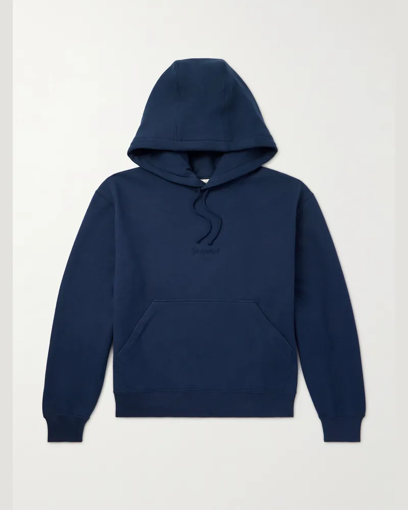 Saint Laurent Logo-Embroidered Cotton-Jersey Hoodie Blue