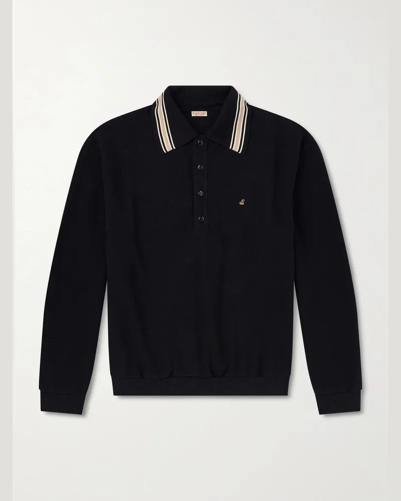 KAPITAL Box Pullover aus Baumwoll-Piqué mit Polokragen, Stickerei und Streifen Schwarz