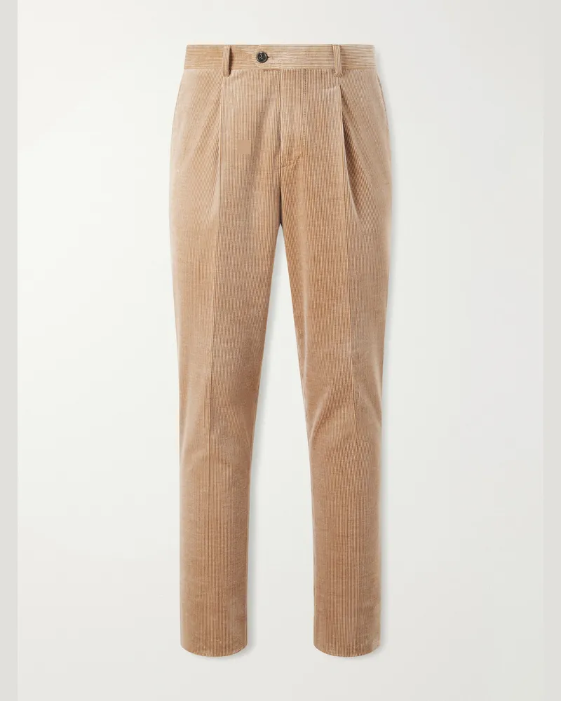 Brunello Cucinelli Straight-Leg Pleated Cotton-Blend Corduroy Trousers Brown