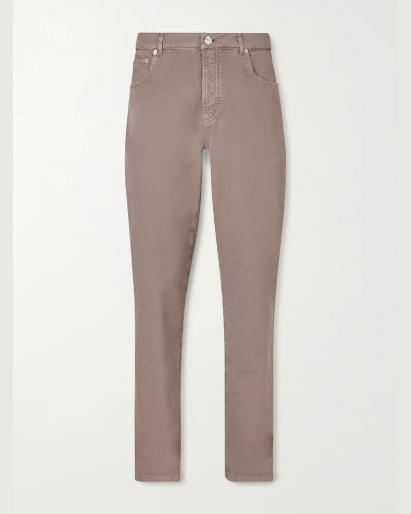 Brunello Cucinelli Logo-Embroidered Straight-Leg Cotton-Twill Trousers Brown