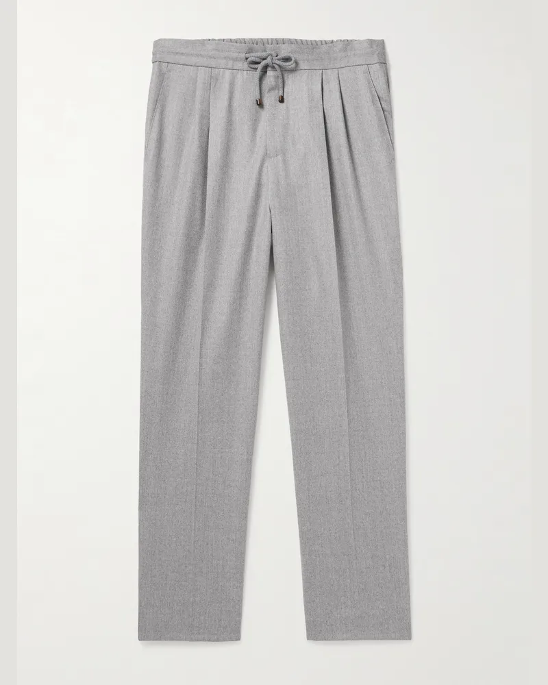 Brunello Cucinelli Tapered Pleated Virgin Wool-Flannel Drawstring Trousers Gray