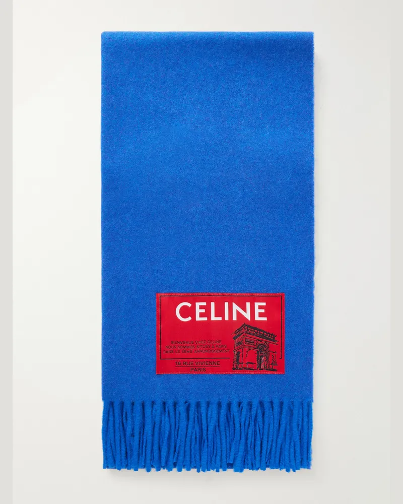 Celine Logo-Appliquéd Fringed Wool and Cashmere-Blend Scarf Blue