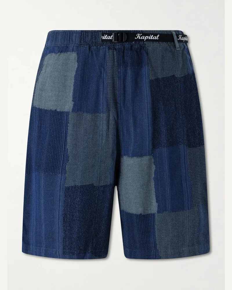 KAPITAL Tugihagi Straight-Leg Belted Patchwork Cotton Shorts Blue