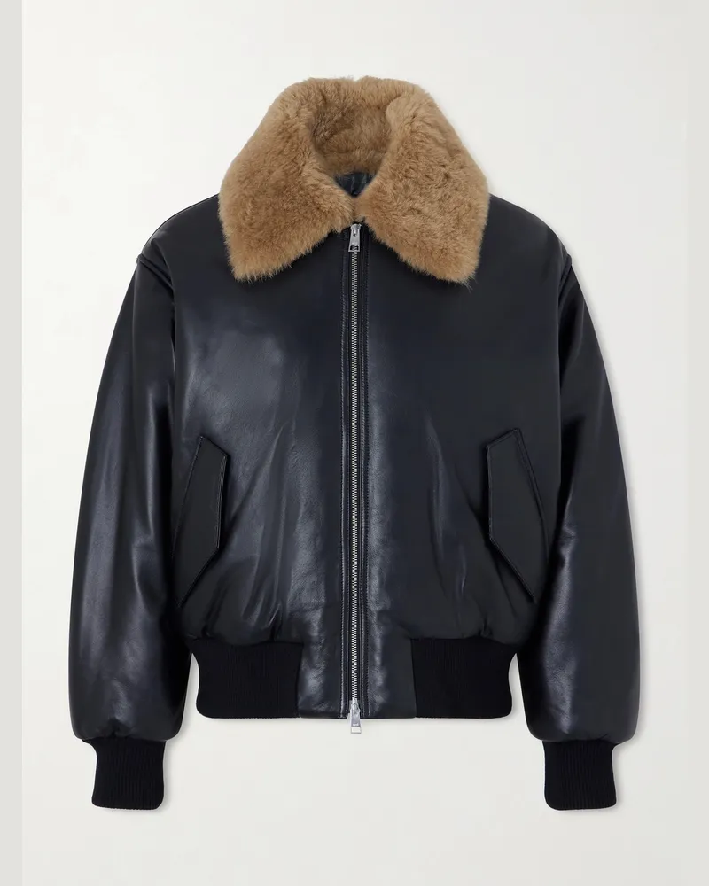 AMI Paris Padded Shearling-Trimmed Full-Grain Leather Jacket Black