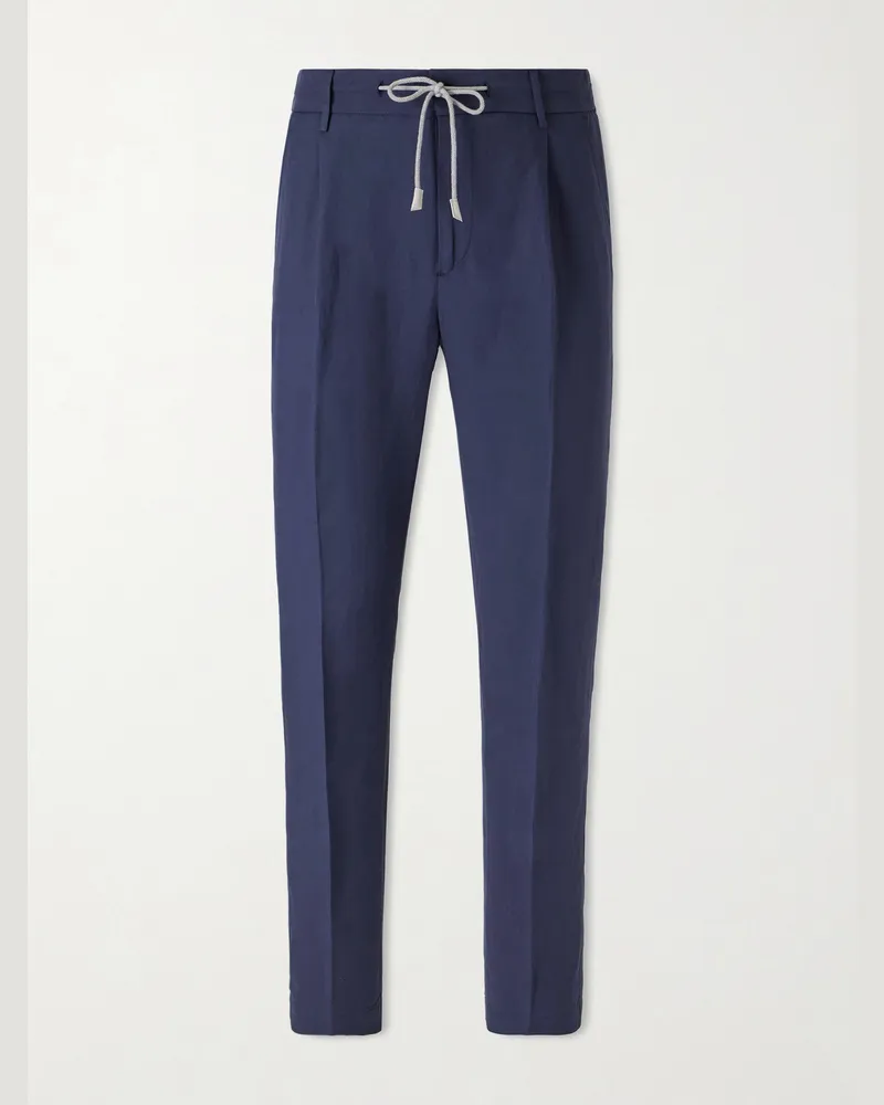 Eleventy Straight-Leg Lyocell and Linen-Blend Drawstring Trousers Blue