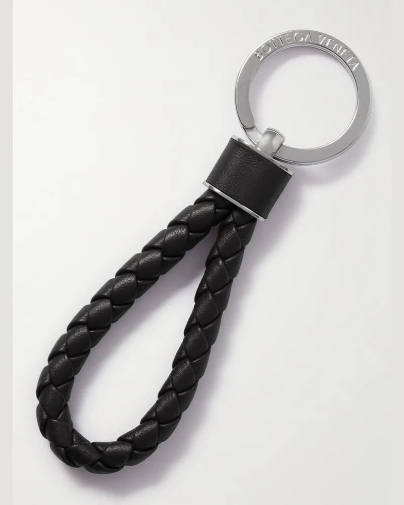 Bottega Veneta Silberfarbener Schlüsselanhänger mit Detail aus geflochtenem Leder Schwarz
