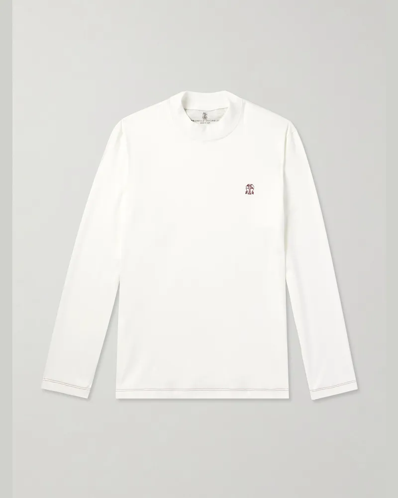 Brunello Cucinelli Oberteil aus Baumwoll-Jersey mit Stehkragen und Logostickerei Weiß