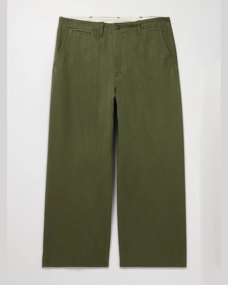 Beams Plus Wide-Leg Herringbone Cotton-Twill Trousers Green