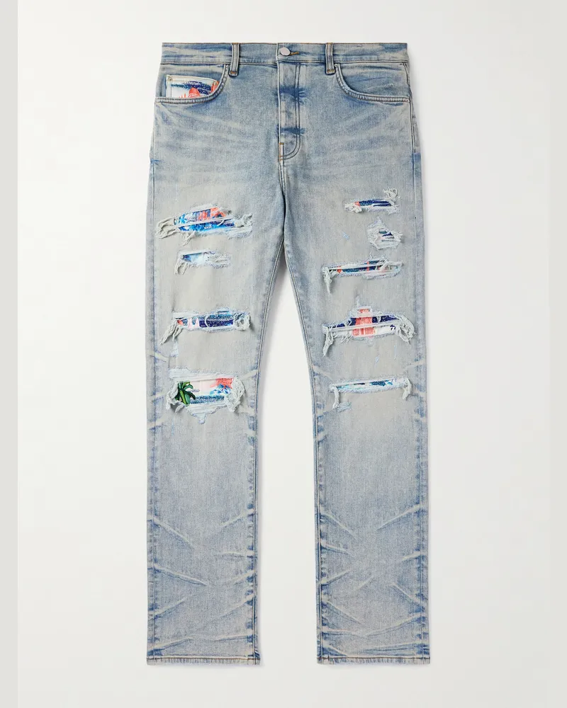 Amiri Aloha Thrasher Skinny Jeans mit Einsätzen und Verzierungen in Distressed-Optik Blau