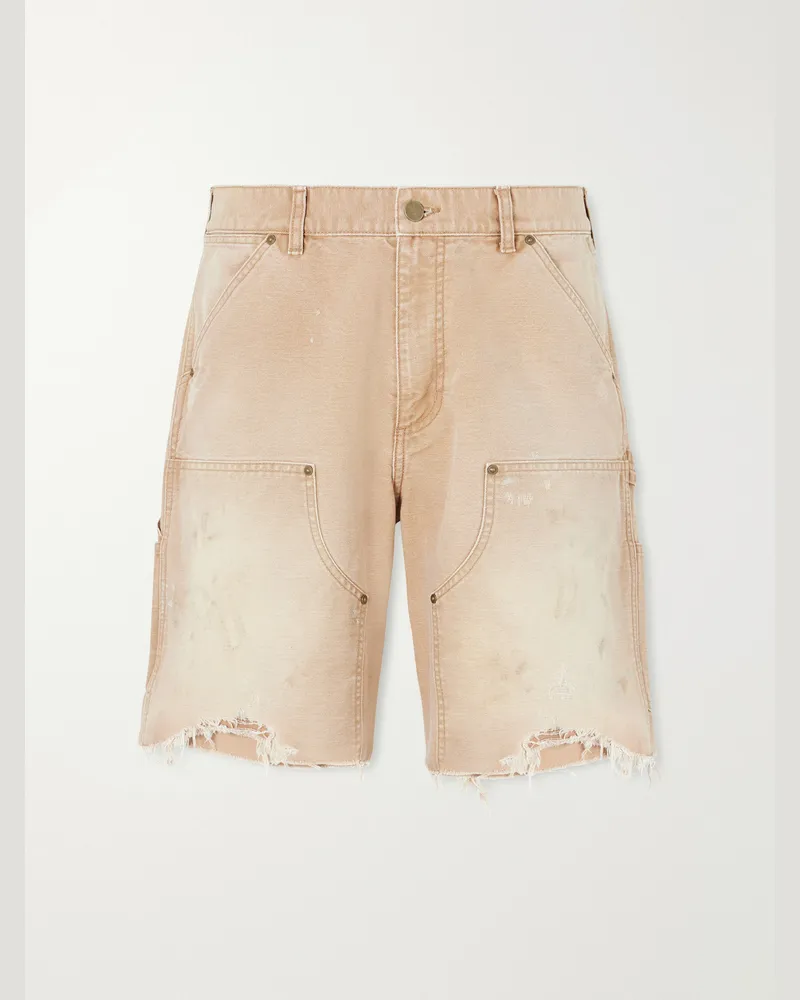 John Elliott + Co Desert Snow Straight-Leg Paint-Splattered Distressed Denim Shorts Brown