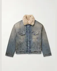 Acne Studios Robert wattierte Jeansjacke mit Besatz aus Shearling-Imitat in Distressed-Optik Blau