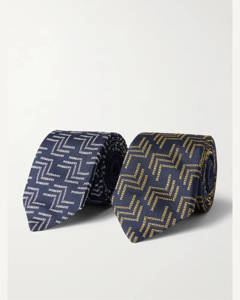 Missoni Set aus zwei Krawatten aus Seiden-Jacquard mit Logostickerei, 7 cm Blau