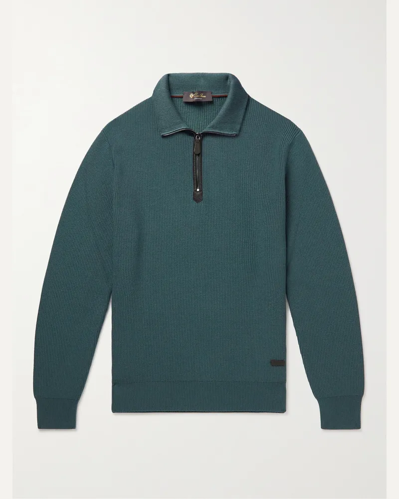 Loro Piana Sweatshirt aus gerippter Wolle mit kurzem Reißverschluss und Lederbesätzen Blau