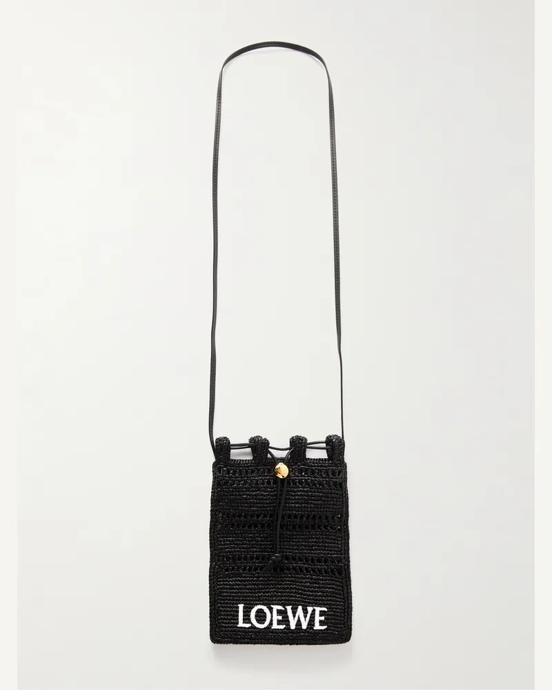 Loewe Paula's Ibiza Leather-Trimmed Embroidered Raffia Messenger Bag Black