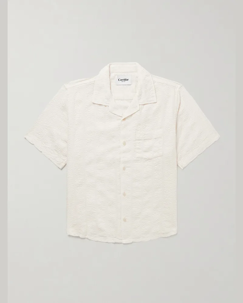 Corridor Convertible-Collar Striped Cotton-Blend Seersucker Shirt Neutrals