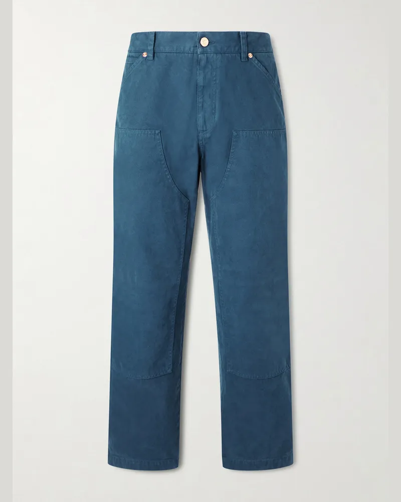 Versace Straight-Leg Cotton-Canvas Trousers Blue