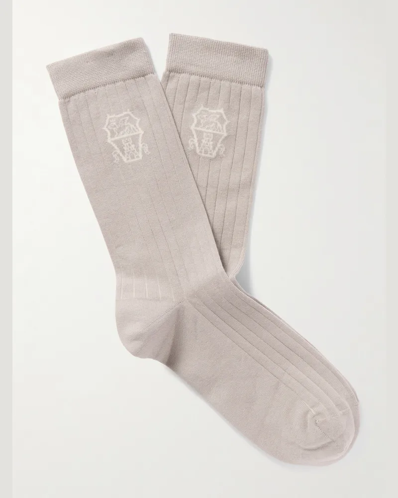 Brunello Cucinelli Logo-Jacquard Ribbed Cotton Socks Brown