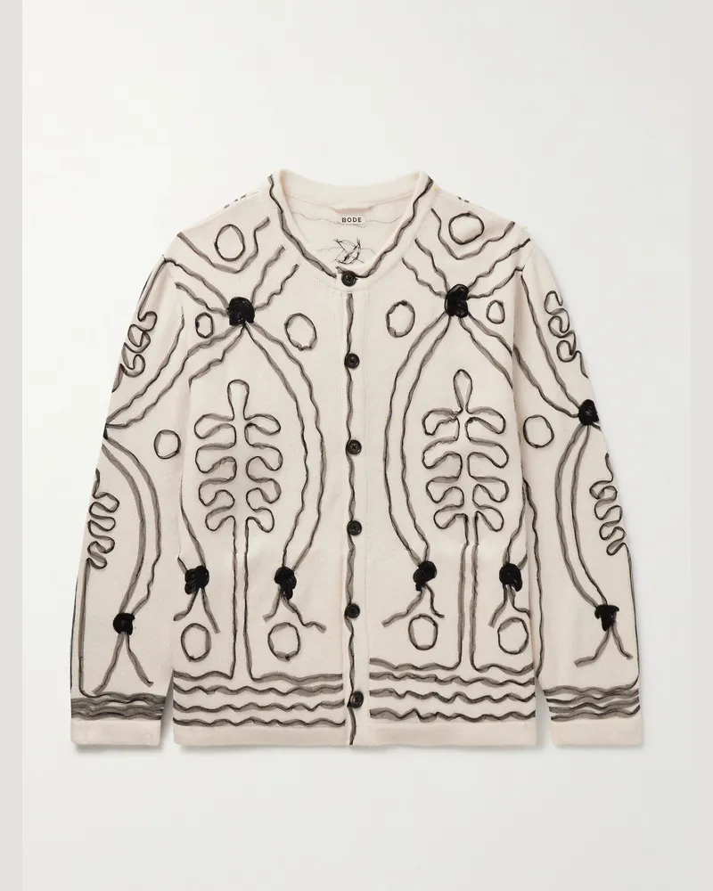BODE Winter Garden Tulle-Appliquéd Cashmere Cardigan Neutrals
