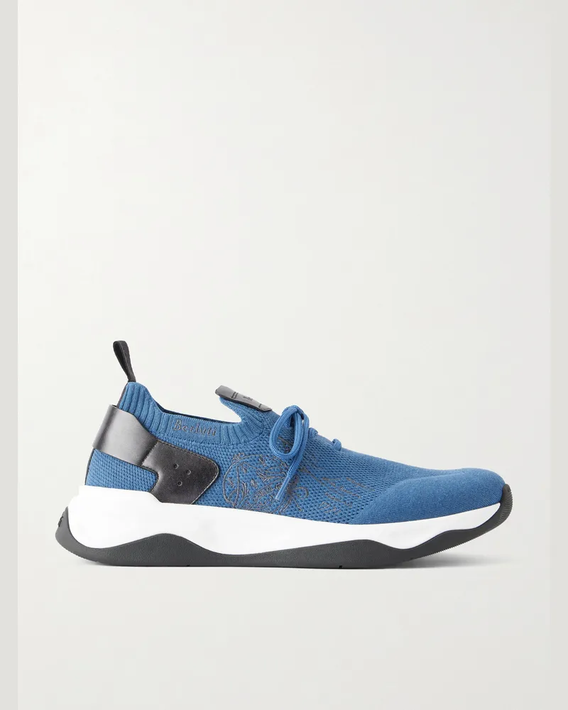 Berluti Shadow Leather-Trimmed Stretch-Knit Sneakers Blue